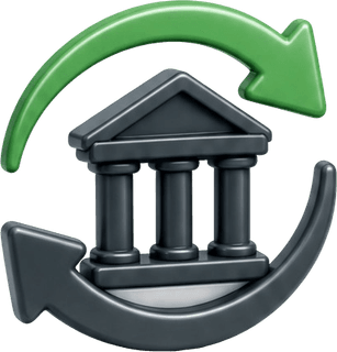 Bank with circular arrows representing exchanging Accrew Shares for cash